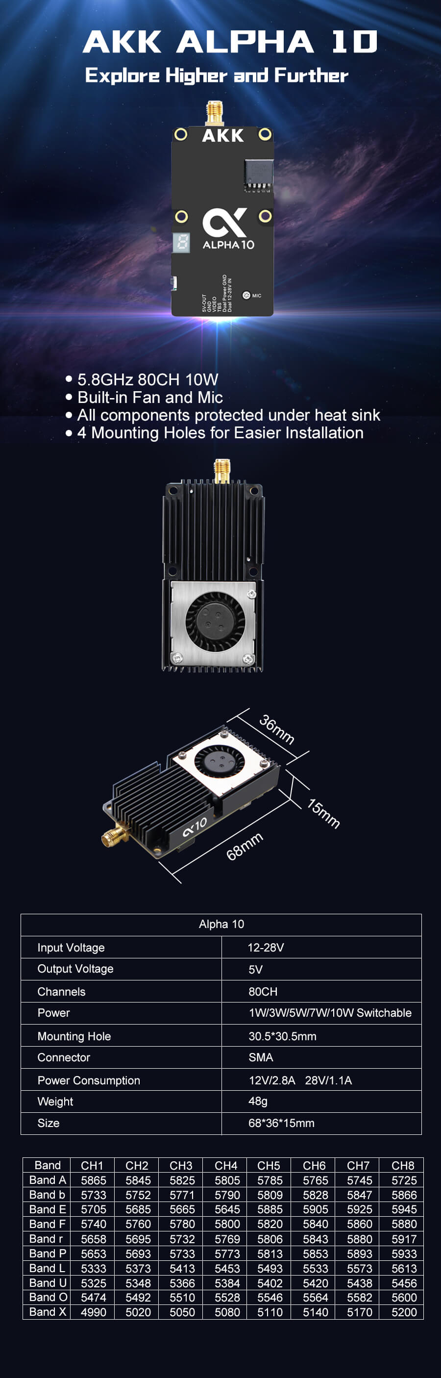 Миниатюра Видеопередатчик AKK Alpha VTX 10 (10W 80CH) 6